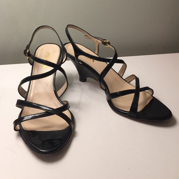 Prada patent leather strappy wedge sandals