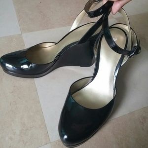 Black patent leather ankle strap Nine West wedges