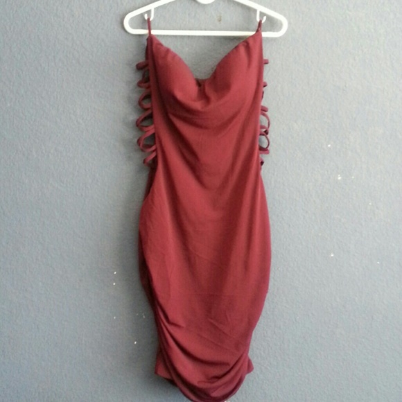 Strapless plum dress.
