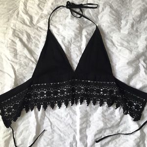 Black lace detailed halter crop top
