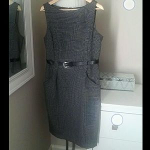 Black and white belted career dress L