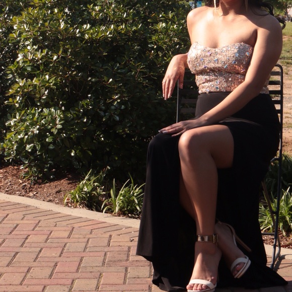 Gold and black two piece connected prom dress