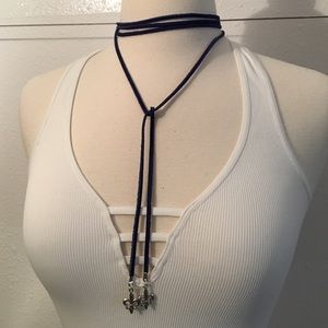 Navy blue leather wrap necklace fluer bolo silver