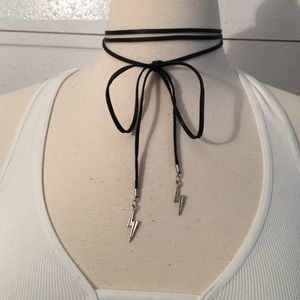 Black leather wrap necklace lightning bolt bolo