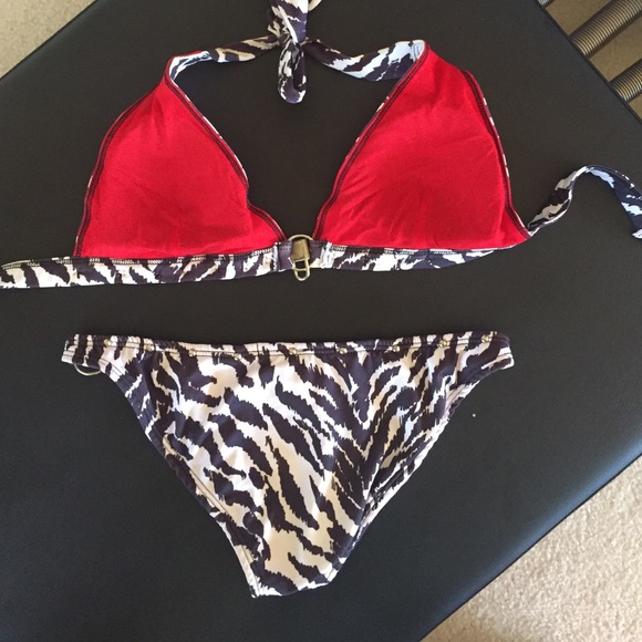 Zebra black white studded ring bikini halter top L - Picture 4 of 4