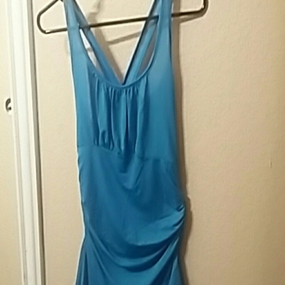 Blue one piece swimsuit with skirt