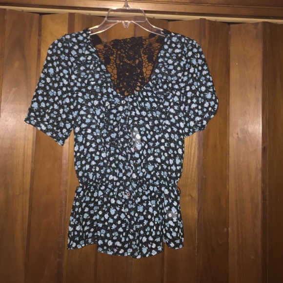 Black blouse with light blue flowers