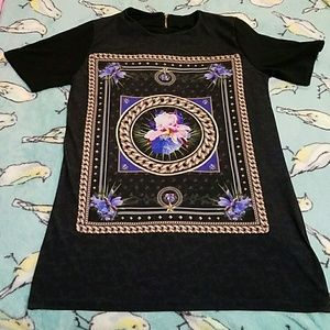 Short Sleeve Printed Black Long Shirt