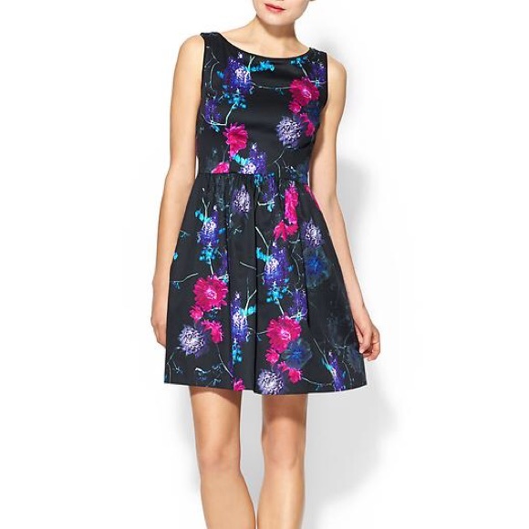 Black Floral Print Fit and Flare Dress