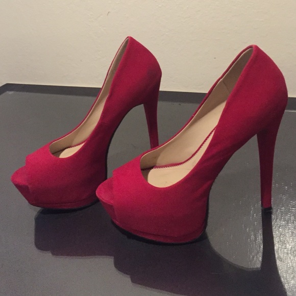 Size 8 red faux suede peep toe heels. - Picture 2 of 2