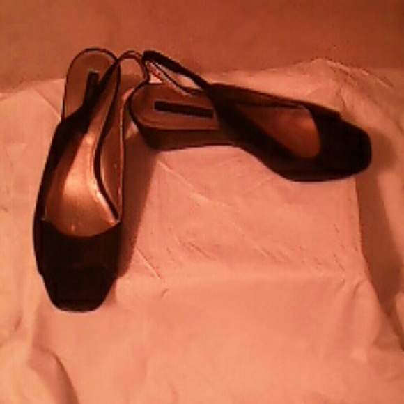Black patent leather slingback wedges