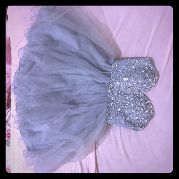 BLUE/GREY HOMECOMING DRESS, SILVER  BEAD BEDAZZLES