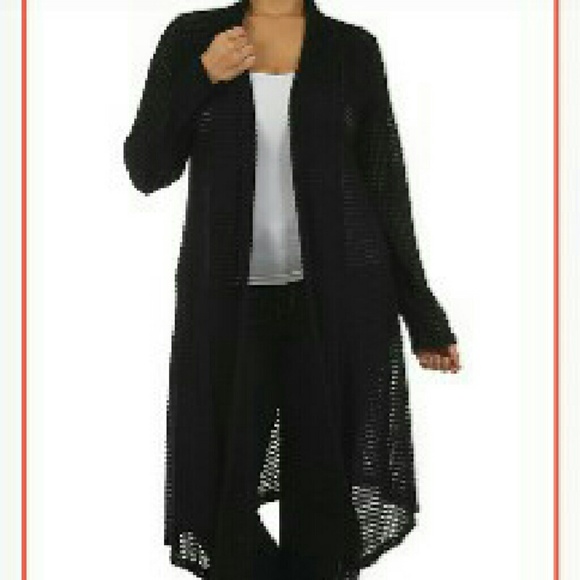 Long Black Slub Knit Open Cardigan Duster - Picture 3 of 3
