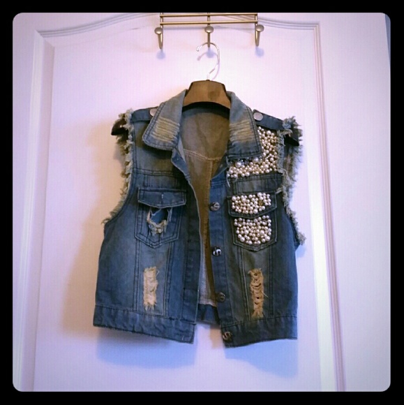 Denim beads vest jacket