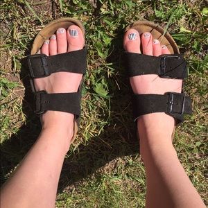 Black suede Birkenstock sandals