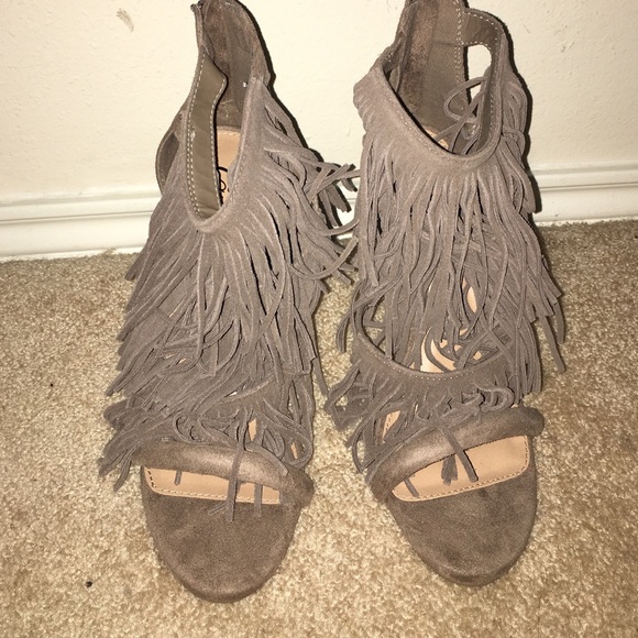 Taupe Fringe Heel Sandal