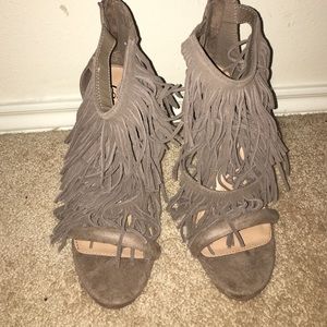 Taupe Fringe Heel Sandal