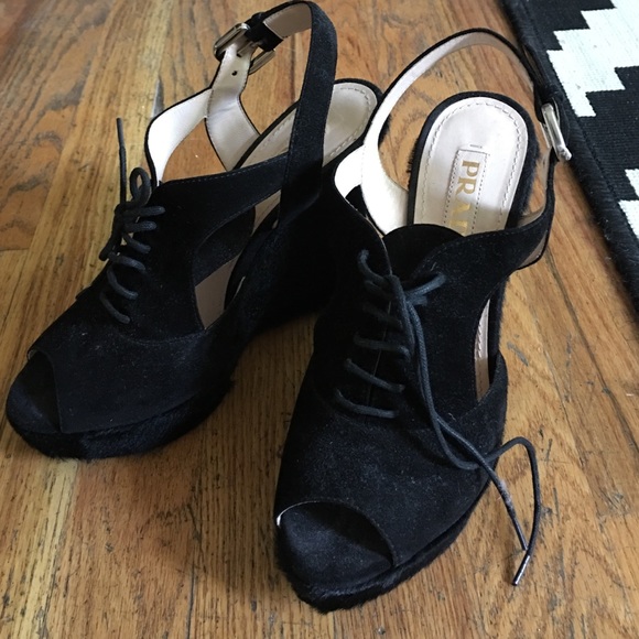 Prada black calf fur wedges