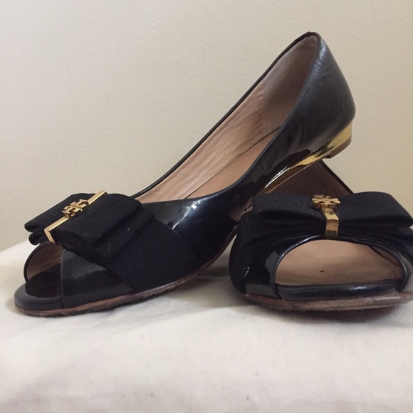 Tory Burch Black Leather Trudy Peep Toe Flat Sz 7
