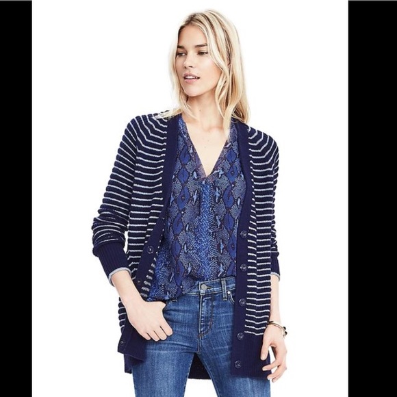 Banana Republic Cream & Navy Long Striped Cardigan