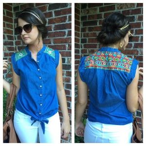 Denim/ multicolored embroidered button up top
