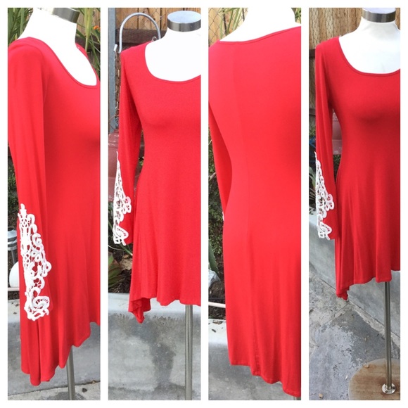 Red Crochet Sleeves Tunic Dress
