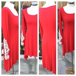 Red Crochet Sleeves Tunic Dress