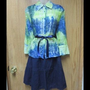 Sensational Blue/Green Embroidery Blouse W/ Belt