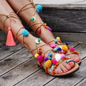 Elina Linardaki Shoes - Elina Linardaki Handmade Pom Pom Gladiator Sandals Elina Linardaki Shoes - Elina Linardaki Handmade Pom Pom Gladiator Sandals
