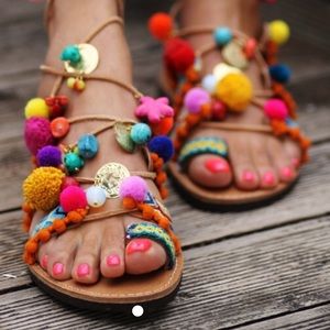 Elina Linardaki Shoes - Elina Linardaki Handmade Pom Pom Gladiator Sandals Elina Linardaki Shoes - Elina Linardaki Handmade Pom Pom Gladiator Sandals
