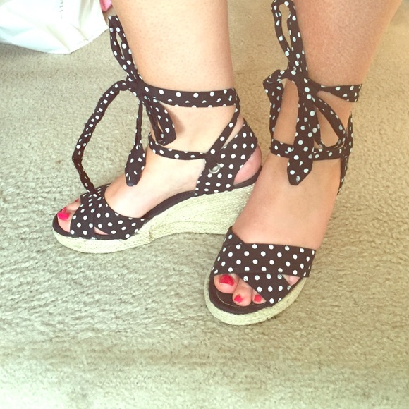 Black and white polka dot lace up wedges