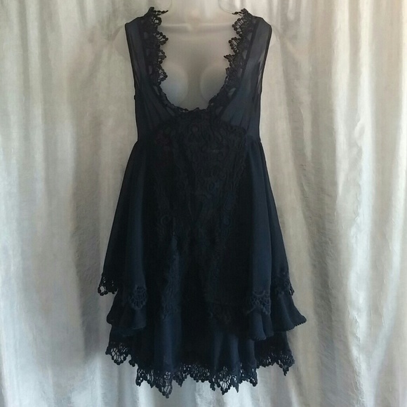 Free People Navy Deep V Embroidered Mini Dress 2