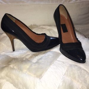 Authentic Lanvin Navy Patent Pumps Gold Heel 39.5