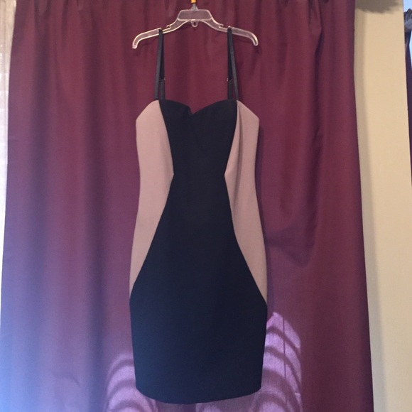 Tan and black color block party dress