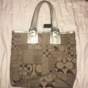 Tan and metallic gold Coach bag