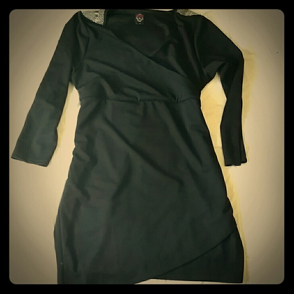 Black faux-wrap beaded dress