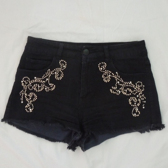 Black High-waisted Denim Shorts w/ Swirl Details
