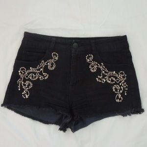 Black High-waisted Denim Shorts w/ Swirl Details