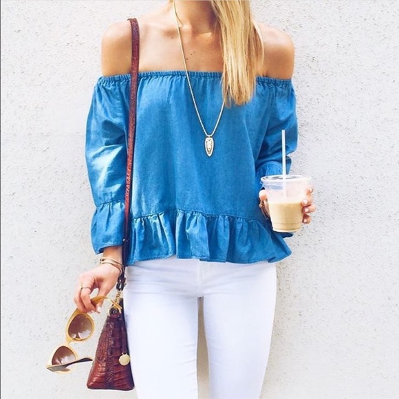 Tops - {bundled + sold} ✨HP✨ Off the Shoulder Chambray...
