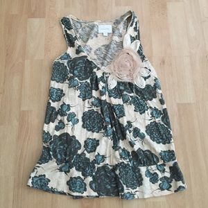 Anthropologie Teal and cream embroidered top