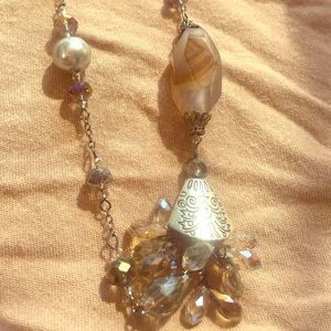 Quartz and glass bead long statement necklace