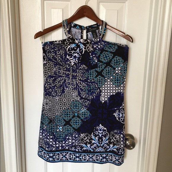 WHBM sleeveless blue patterned top