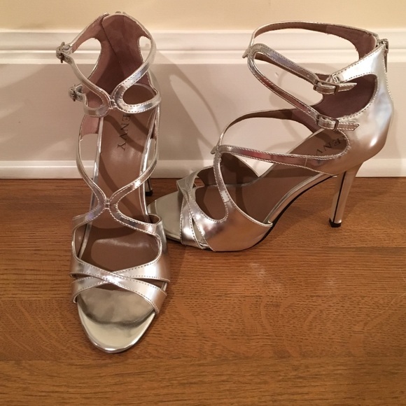Silver strappy high-heeled sandals
