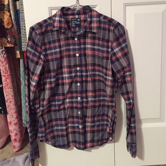 American Eagle Blue and Orange Plaid Top