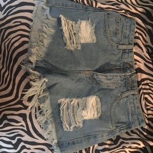Blue Ripped Fringe Denim Shorts