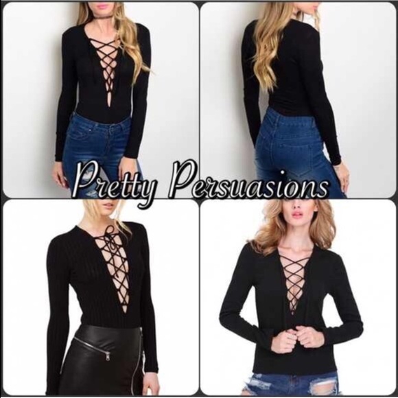 SALE💜Plunging V-Neck Lace Up Long Sleeve Bodysuit - Picture 2 of 4