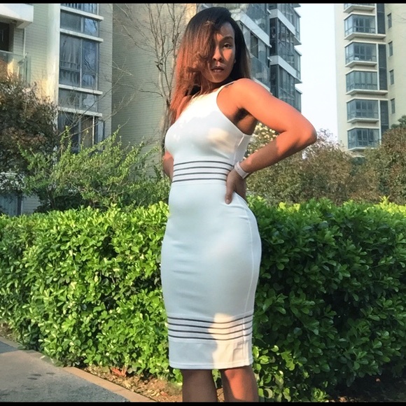 White Midi Bodycon Dress with Mesh Panels - Picture 2 of 4