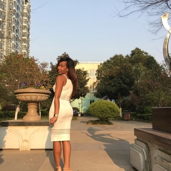 White Midi Bodycon Dress with Mesh Panels - Picture 4 of 4