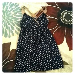 Silky Blue Pattern Dress with Faux Suede Straps