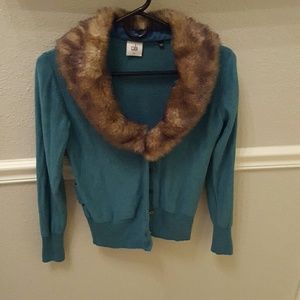 CAbi Teal Cardigan w/removable faux fur collar